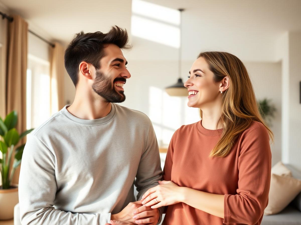 Happy homeowner couple in their renovated home
